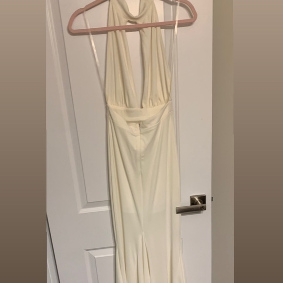 HONEY- ivory halter maxi formal dress with an open back and mermaid bottom. - Picture 4 of 7